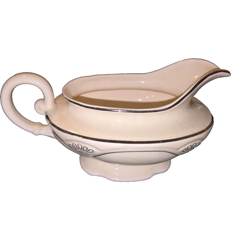 Homer Laughlin Marigold Pattern Gravy Boat with Platinum Trim